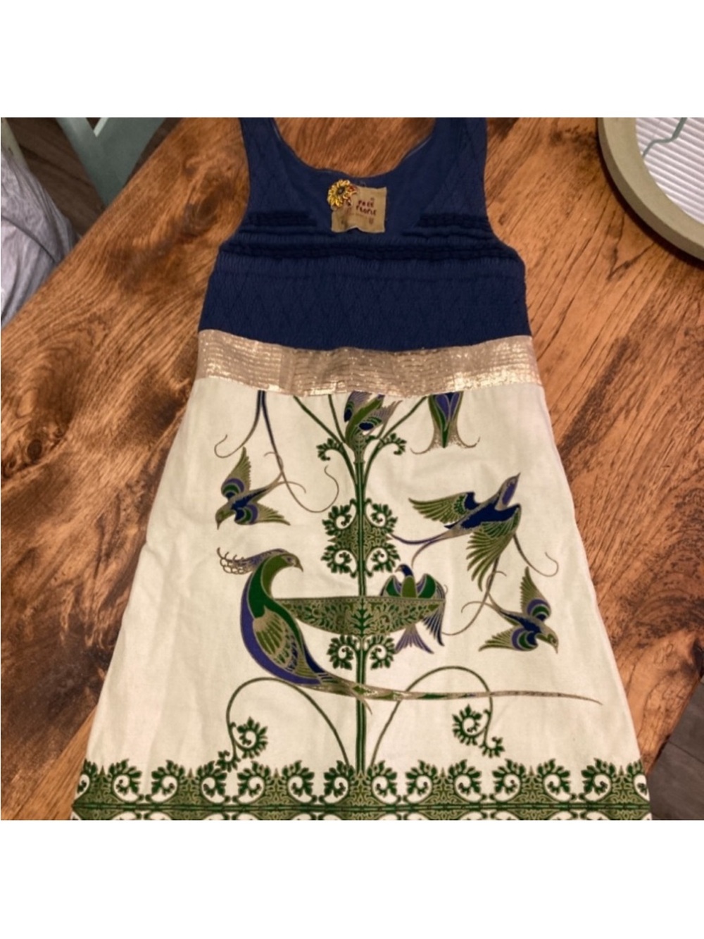 Vintage Free People Navy Tank Top and Cream Embroidered Bird Dress